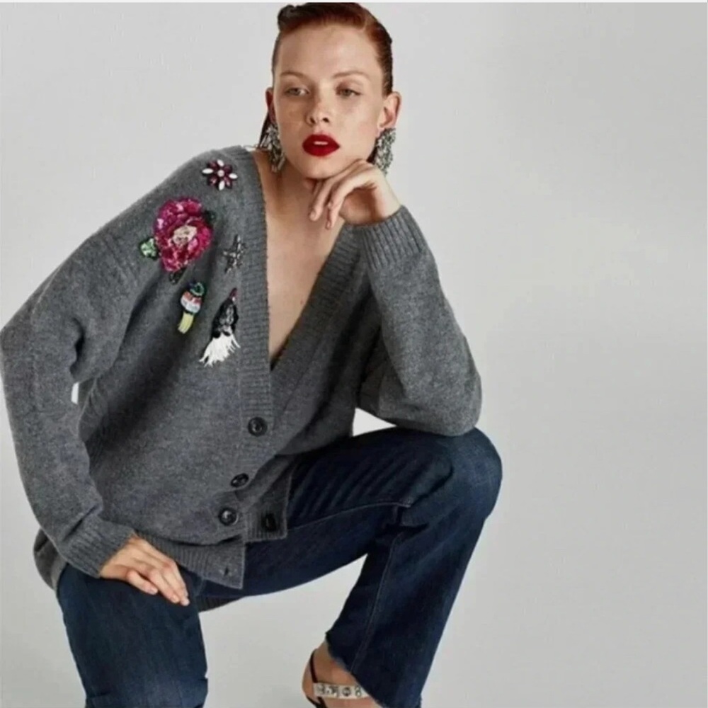 Zara Knitwear Collection Embroidered Gray Oversized Cardigan Sweater